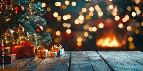 Presents under the tree with a festive background. AI.