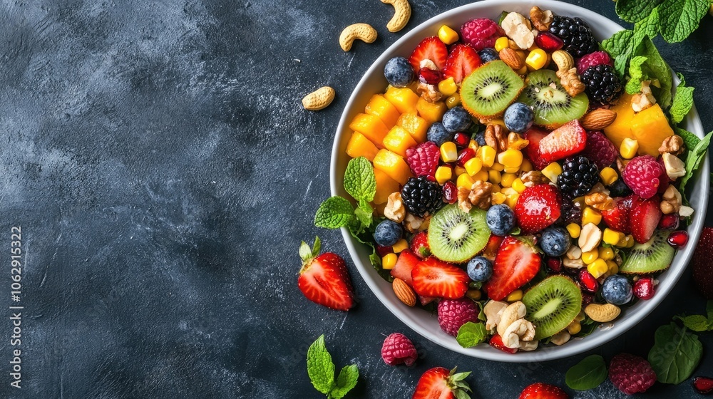 Vibrant Asian salad with fruits, nuts, and corn creates a deliciously healthy option. This veggie salad embodies clean eating, vegan ideals, and a detox approach with ample copy space.
