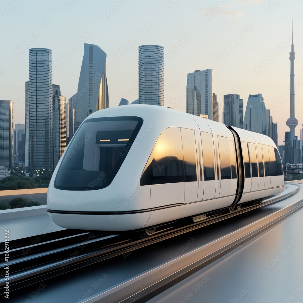 Naklejka premium Modern train approaching city skyline during sunset, showcasing urban transportation.