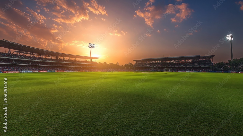 A panoramic view of a stadium during an evening match, the sun setting in the background with a soft glow over the field A panoramic view of a stadium during an evening match, the sun setting in the background with a soft glow over the field