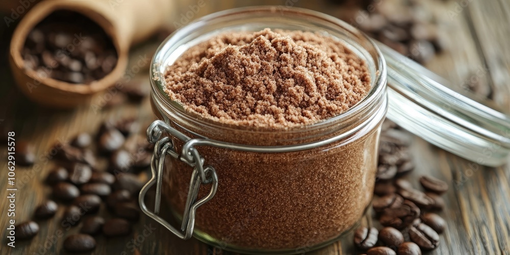 A glass jar holds a vegan coffee scrub featuring fragrant components. It includes cocoa powder, ground coffee, nourishing coconut oil, and sugar for effective body care. A glass jar holds a vegan coffee scrub featuring fragrant components. It includes cocoa powder, ground coffee, nourishing coconut oil, and sugar for effective body care.