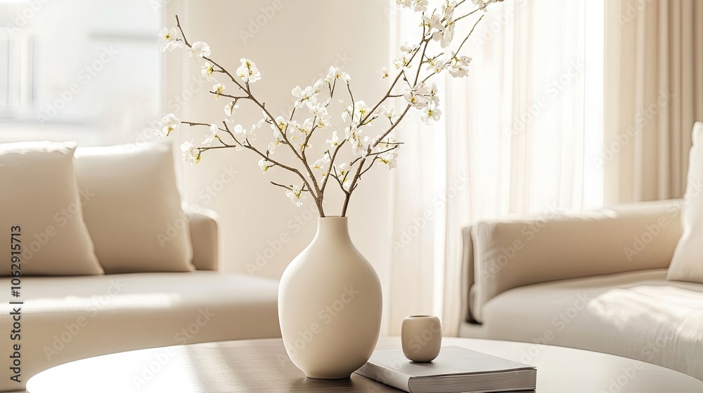 Blooming ceramic vase placed on a coffee table creates an inviting atmosphere in a contemporary living room, perfect for adding elegance with a touch of nature. Blooming ceramic vase placed on a coffee table creates an inviting atmosphere in a contemporary living room, perfect for adding elegance with a touch of nature.