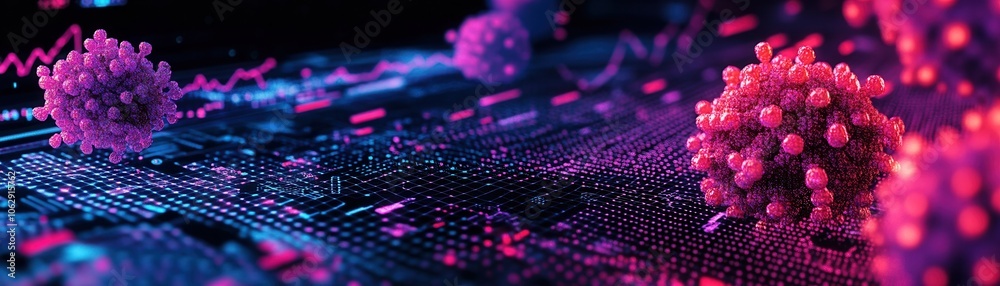 A vibrant and detailed digital illustration of a virus, showcasing a dynamic interplay of color and structure on a futuristic background. A vibrant and detailed digital illustration of a virus, showcasing a dynamic interplay of color and structure on a futuristic background.