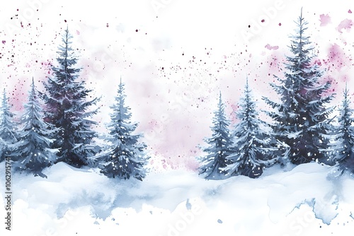 Watercolor Illustration of Snowy Forest with Christmas Trees