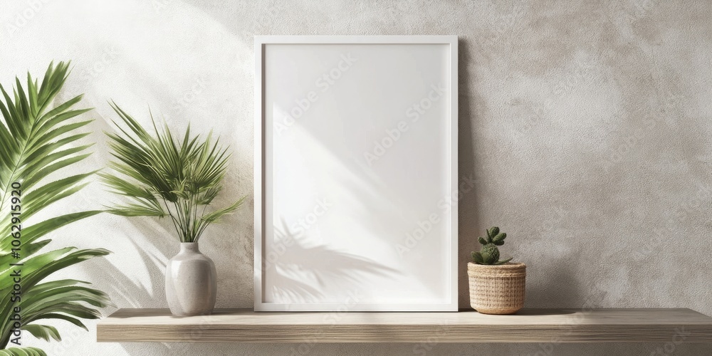 Modern minimalist poster mockup featuring a white frame placed on a wooden shelf within a stylish living room setting.