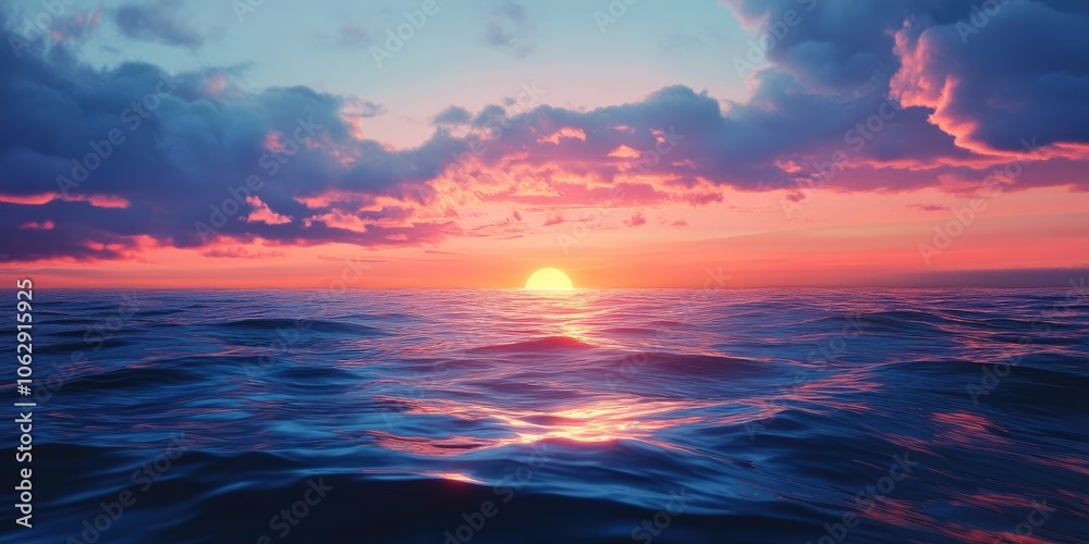 A sunset casts its vibrant colors across the deep blue ocean, creating stunning reflections on the waters surface. The scene showcases the beauty of nature. A sunset casts its vibrant colors across the deep blue ocean, creating stunning reflections on the waters surface. The scene showcases the beauty of nature.