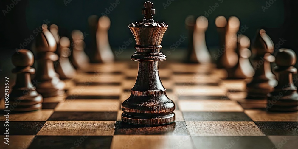 The chess king is positioned on the game board, surrounded by the pieces of the opponent, emphasizing the strategic battle taking place in the match. The chess king is positioned on the game board, surrounded by the pieces of the opponent, emphasizing the strategic battle taking place in the match.