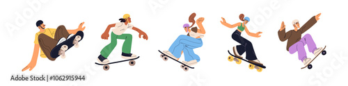 Set of skaters ride, jump with boards. Young people in safety helmets do extreme stunts, sports tricks with skateboard. Men and women skate on street. Flat isolated vector illustrations on white