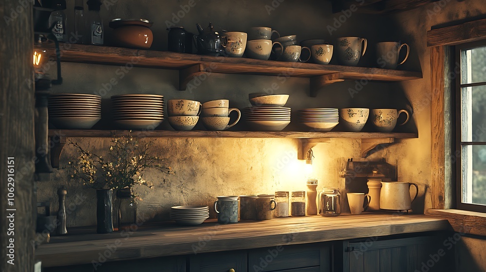 Rustic kitchen corner with floating shelves and warm, ambient lighting, featuring a collection of matching ceramic mugs and plates arranged neatly for a warm, vintage feel. --ar 16:9 Rustic kitchen corner with floating shelves and warm, ambient lighting, featuring a collection of matching ceramic mugs and plates arranged neatly for a warm, vintage feel. --ar 16:9