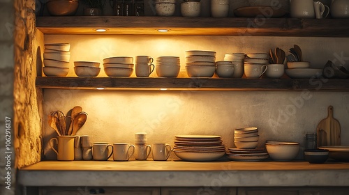 Wallpaper Mural Rustic kitchen corner with floating shelves and warm, ambient lighting, featuring a collection of matching ceramic mugs and plates arranged neatly for a warm, vintage feel. --ar 16:9 Torontodigital.ca