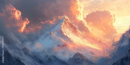 A detailed view of a mountain peak, blanketed in snow, illuminated by sunlight, juxtaposed against striking, dramatic clouds above.