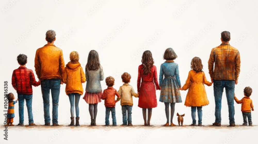 Fototapeta premium Family portrait with diverse members and a dog, showcasing unity.