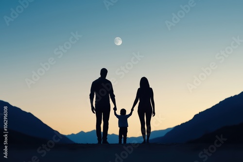 Silhouetted family standing together against a serene twilight sky with mountains and a rising moon.