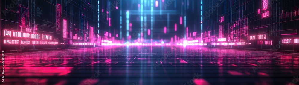 A vibrant digital landscape featuring bright pink and blue lights, reflecting on a glossy surface, evoking a futuristic atmosphere. A vibrant digital landscape featuring bright pink and blue lights, reflecting on a glossy surface, evoking a futuristic atmosphere.