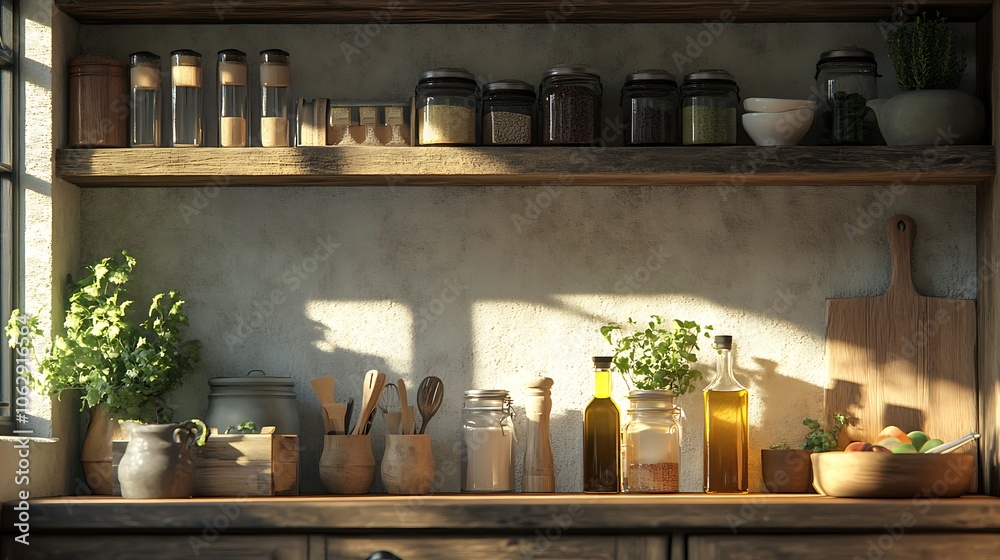Rustic kitchen corner with warm task lighting, showcasing glass bottles of oil, wooden cooking tools, and ceramic containers, creating a charming and organized cooking space. --ar 16:9