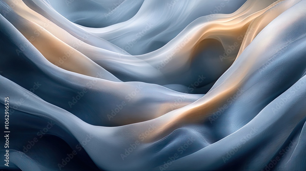 A smooth and silky design captures the essence of a dreamy flow, where light fabric wavy patterns create a soft, tranquil atmosphere with ample copy space. A smooth and silky design captures the essence of a dreamy flow, where light fabric wavy patterns create a soft, tranquil atmosphere with ample copy space.