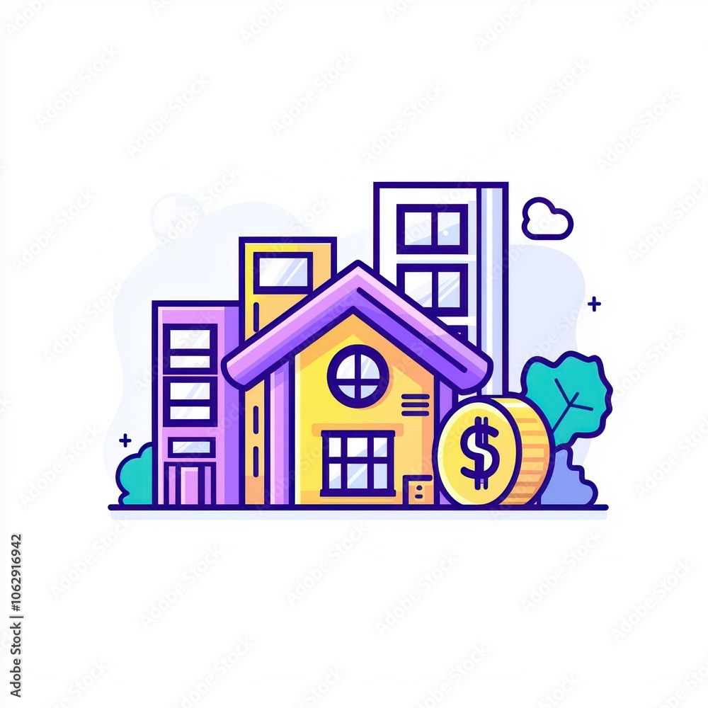 Fototapeta premium Stylized illustration of modern buildings, a house, and a dollar coin on a white background.