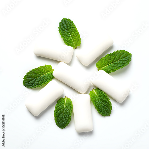 Fresh Mint Chewing Gum with Peppermint Leaves on White Background photo