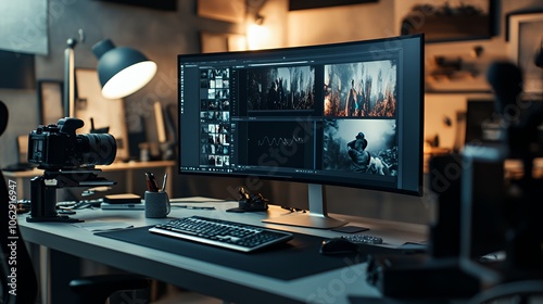 Modern workspace with computer, camera, and video editing software.