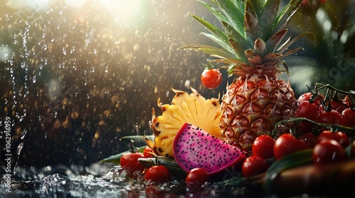 A vibrant arrangement of a pineapple, dragonfruit, and cherry tomatoes creates an enticing visual, enhanced by glistening droplets of water and ample copy space for text.