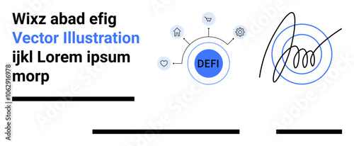 Circle marked DEFI connected to icons representing smart contracts and technology, alongside abstract signature graphic. Ideal for finance, tech blogs, web design, business presentations, digital