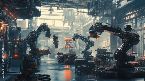 A futuristic industrial setting with sleek robotic arms performing