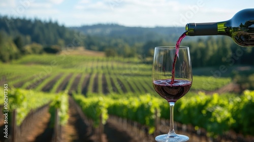 A glass of red wine being elegantly poured, with lush vineyards