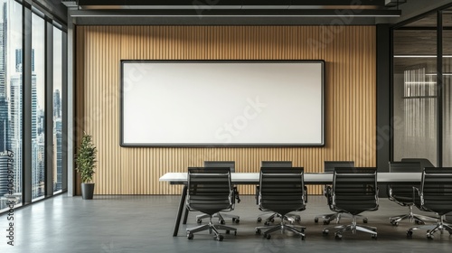 A sleek and modern empty whiteboard in a professional office space, with bright lighting and no distractions, photo