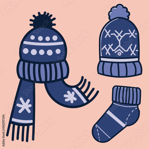 Blue hat, scarf and sock depicted in cartoon style. A hat with a pompom on the top of the head and a blue colored scarf with white snowflakes