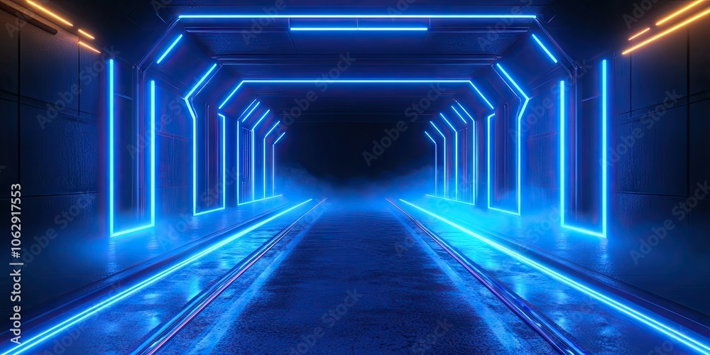 A lifelike futuristic LED wall features an ultra blue fluorescent outline against a dark background. It serves as decor for LED videos, with a neon light bar and a fog covered asphalt road. A lifelike futuristic LED wall features an ultra blue fluorescent outline against a dark background. It serves as decor for LED videos, with a neon light bar and a fog covered asphalt road.