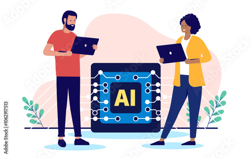 Using AI at work - two people working on laptop computers using artificial intelligence tools and service for job and projects, increasing efficiency and easier work tasks. Flat design illustration