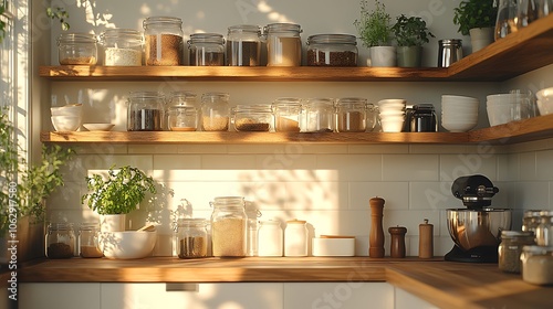 Scandinavian-inspired kitchen corner with open shelves, gentle downlighting casting a warm glow on glass jars and baking tools, carefully organized for a clean,