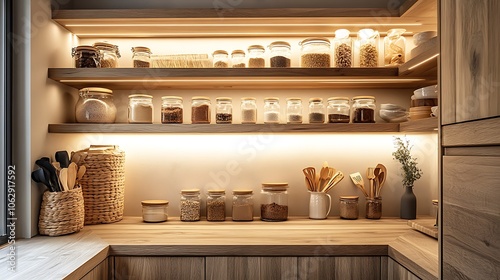 Wallpaper Mural Scandinavian-inspired kitchen corner with open shelves, gentle downlighting casting a warm glow on glass jars and baking tools, carefully organized for a clean, Torontodigital.ca