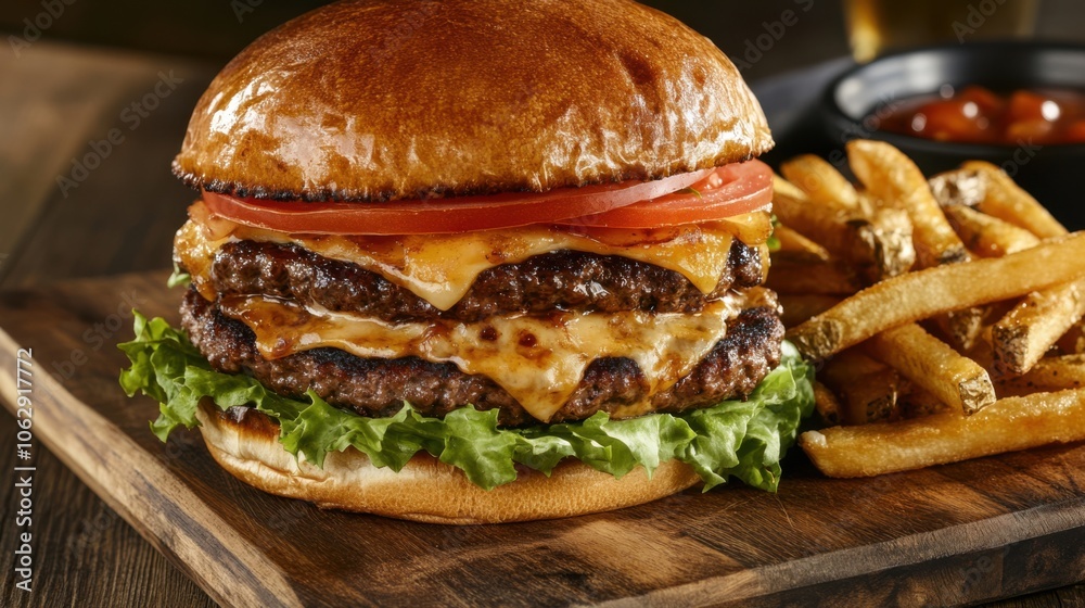 A gourmet burger stacked high with fresh lettuce, A gourmet burger stacked high with fresh lettuce,