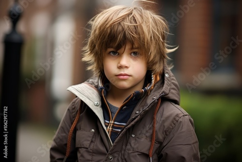 Portrait of a cute little boy in a coat on the street