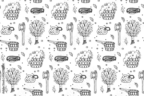 Sauna accessories sketch vector background. Hand drawn spa elements collection. Doodle sauna seamless pattern on white background.