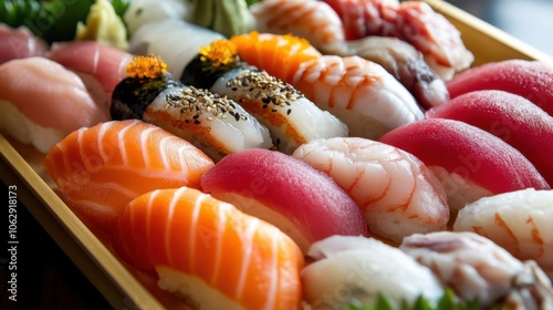 A gourmet sushi presentation featuring assorted types of fish,