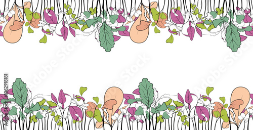 Seamless horizontal frame of hand drawn micro greens botany. Vector illustration of Basil, peas, mustard, beet, broccoli, amaranth sporous leaves. Line pattern
