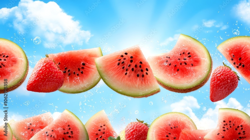 A cascade of refreshing watermelons, summer spectacle of fresh fruit in motion A cascade of refreshing watermelons, summer spectacle of fresh fruit in motion