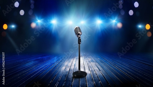 Stand microphone set up on stage lit by blue lights