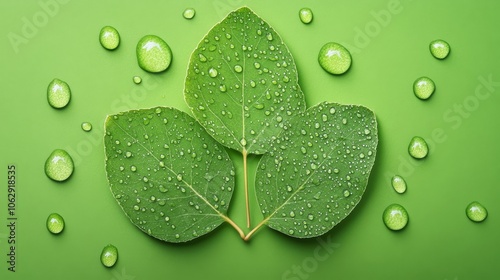 Closeup of t hree green leaves adorned with sparkling water droplets, a study in nature's hydration