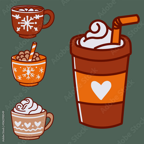 A collection of coffee cups with snowflakes on them. The cups are different sizes and shapes, and all filled with different types of hot drinks with marshmallows