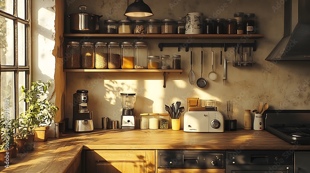 Small, cozy kitchen corner with industrial pendant lighting casting a warm glow, featuring a well-organized spice rack on the wall, hooks with neatly hanging utensils, Small, cozy kitchen corner with industrial pendant lighting casting a warm glow, featuring a well-organized spice rack on the wall, hooks with neatly hanging utensils,