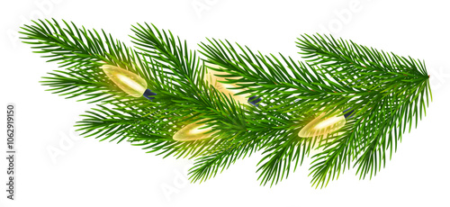 Fir branch with glowing Christmas lights. Green spruce branches with garland of yellow light bulbs for winter Christmas holiday celebration. Vector illustration