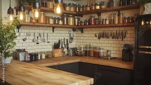 Small, cozy kitchen corner with industrial pendant lighting casting a warm glow, featuring a well-organized spice rack on the wall, hooks with neatly hanging utensils,