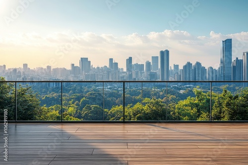 Modern Cityscape Overlooking Lush Greenery with Blue Sky Backdrop from Terrace Viewpoint photo