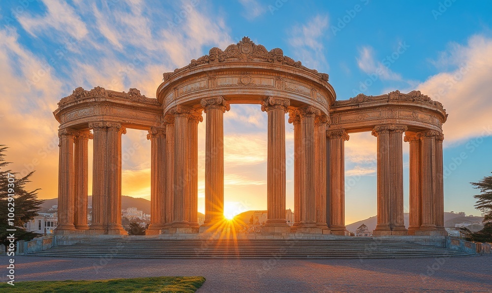 Obraz premium Majestic Ancient Architecture at Sunrise, Capturing Historic Grandeur and Illuminated Horizons