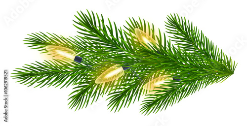 Fir branch with glowing Christmas lights. Green spruce branches with garland of yellow light bulbs for winter Christmas holiday celebration. Vector illustration