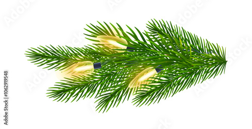 Fir branch with garland of yellow lights for Christmas, New Year greeting cards, banners