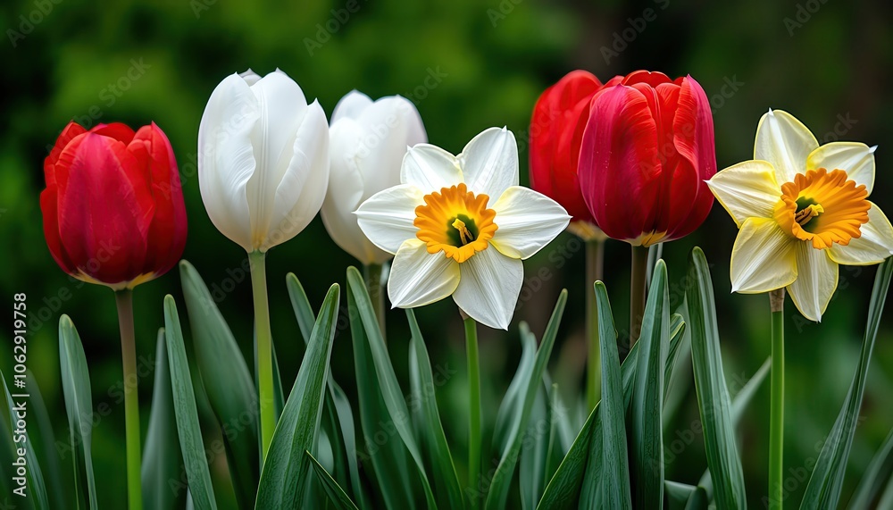Obraz premium Spring garden with tulips and daffodils, lush and colorful